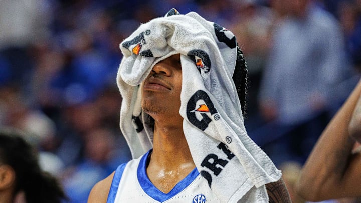 Dec 29, 2023; Lexington, Kentucky, USA; Kentucky Wildcats guard Rob Dillingham (0) reacts from the bench during the second half against the Illinois State Redbirds at Rupp Arena at Central Bank Center. Mandatory Credit: Jordan Prather-Imagn Images