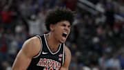Nov 3, 2025; Las Vegas, NV, USA; Arizona Wildcats forward Koa Peat (10) celebrates a play against the Florida Gators in the second half of the Hall of Fame Series game at T-Mobile Arena. Mandatory Credit: Candice Ward-Imagn Images