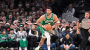 Apr 5, 2024; Boston, Massachusetts, USA; Boston Celtics forward Jayson Tatum (0) moves the ball