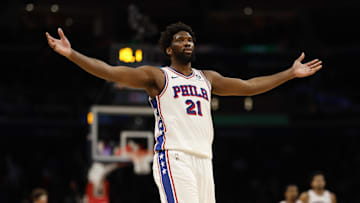 Dec 6, 2023; Washington, District of Columbia, USA; Philadelphia 76ers center Joel Embiid (21) celebrates after scoring his 50th point of the game against the Washington Wizards in the fourth quarter at Capital One Arena. Mandatory Credit: Geoff Burke-Imagn Images