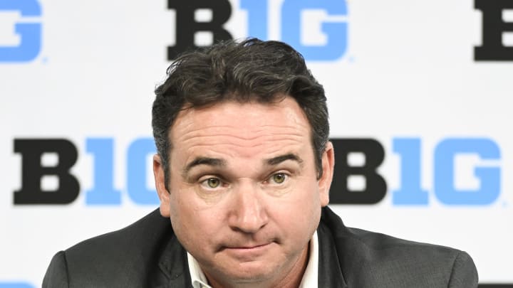 Jul 24, 2024; Indianapolis, IN, USA; Michigan State Spartans head coach Jonathan Smith speaks to the media during the Big 10 football media day at Lucas Oil Stadium. Mandatory Credit: Robert Goddin-USA TODAY Sports