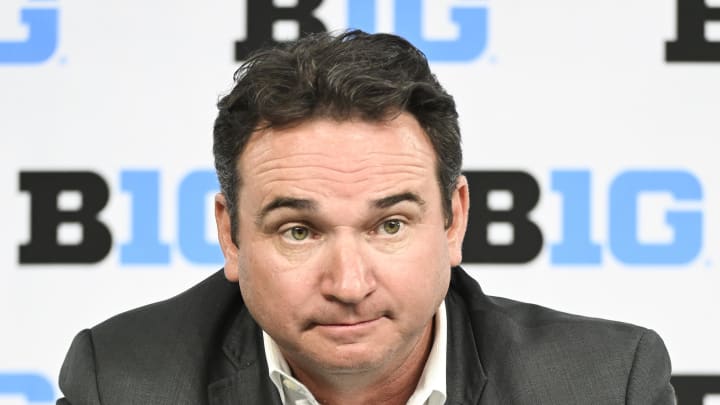 Jul 24, 2024; Indianapolis, IN, USA; Michigan State Spartans head coach Jonathan Smith speaks to the media during the Big 10 football media day at Lucas Oil Stadium. Mandatory Credit: Robert Goddin-USA TODAY Sports