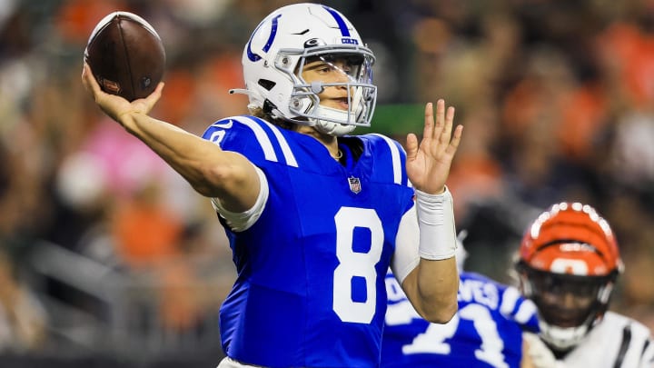 Aug 22, 2024; Cincinnati, Ohio, USA; Indianapolis Colts quarterback Jason Bean (8) throws a pass against the Cincinnati Bengals in the second half at Paycor Stadium. Mandatory Credit: Katie Stratman-USA TODAY Sports