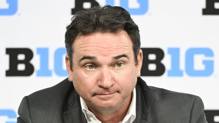 Jul 24, 2024; Indianapolis, IN, USA; Michigan State Spartans head coach Jonathan Smith speaks to the media during the Big 10 football media day at Lucas Oil Stadium. Mandatory Credit: Robert Goddin-USA TODAY Sports