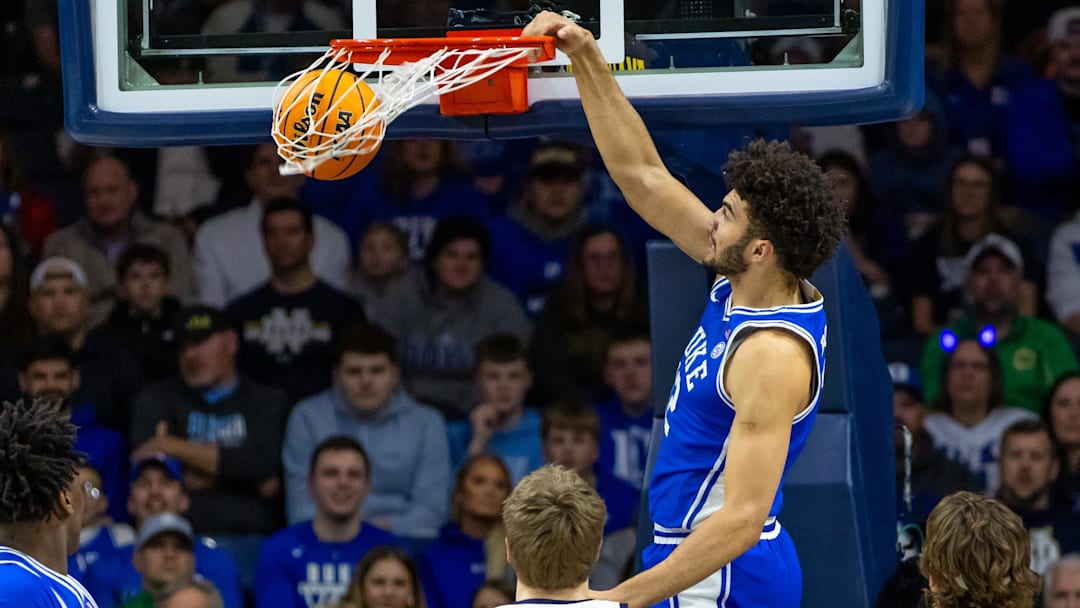 Feb 24, 2026; South Bend, Indiana, USA; Duke Blue Devils forward Cameron Boozer (12) dunks against the Notre Dame Fighting Irish.