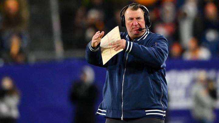 Dec 30, 2025; Nashville, TN, USA;  Illinois Fighting Illini head coach Bret Bielema calls time out against the Tennessee Volunteers during the second half at Nissan Stadium. Mandatory Credit: Steve Roberts-Imagn Images