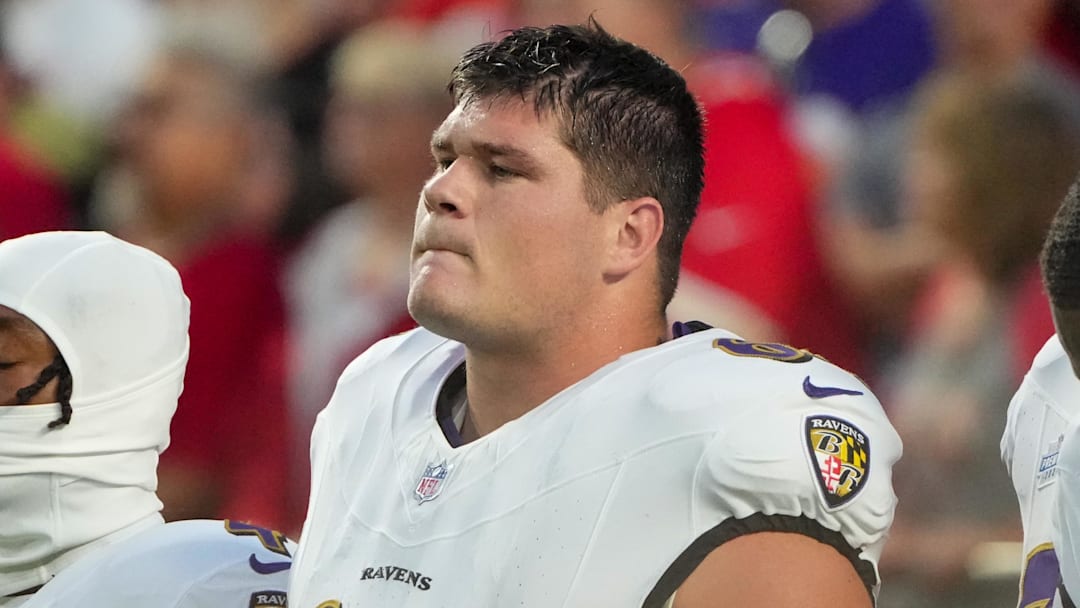 Sep 5, 2024; Kansas City, Missouri, USA; Baltimore Ravens center Tyler Linderbaum (64) on field prior to a game against the Kansas City Chiefs at GEHA Field at Arrowhead Stadium. Mandatory Credit: Denny Medley-Imagn Images