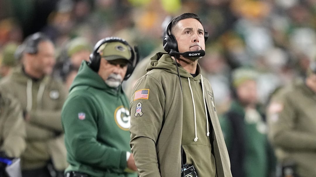 Green Bay Packers head coach Matt LaFleur looks on