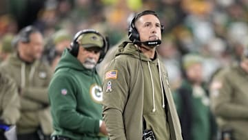 Green Bay Packers head coach Matt LaFleur looks on