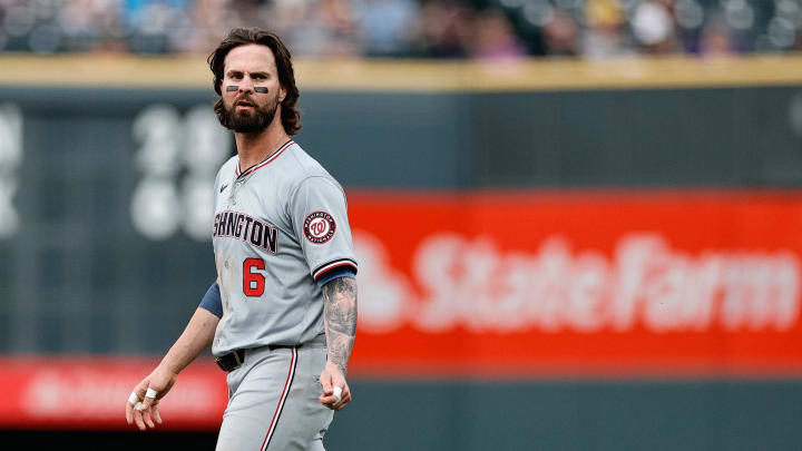 Jun 21, 2024; Denver, Colorado, USA; Washington Nationals left fielder Jesse Winker (6) in the first inning against the Colorado Rockies at Coors Field. Mandatory Credit: Isaiah J. Downing-USA TODAY Sports