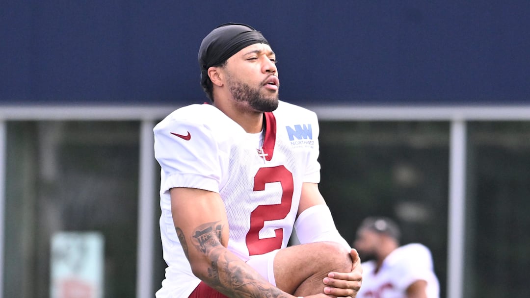 Aug 6, 2025; Foxborough, MA, USA; Washington Commanders cornerback Marshon Lattimore (2) warms up during the stretching period at training camp at Gillette Stadium. Mandatory Credit: Eric Canha-Imagn Images