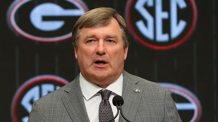 July 15, 2025; Atlanta, GA, USA; Georgia head coach Kirby Smart speaks in the Main Media Room during SEC Media Days at the College Football Hall of Fame in Atlanta. July 15, 2025; Atlanta, GA, USA; Georgia head coach Kirby Smart speaks in the Main Media Room during SEC Media Days at the College Football Hall of Fame in Atlanta.