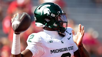 Oct 4, 2025; Lincoln, Nebraska, USA; Michigan State Spartans quarterback Aidan Chiles (2) warms up before the game against the Nebraska Cornhuskers at Memorial Stadium. Mandatory Credit: Kylie Graham-Imagn Images