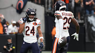 Sep 28, 2025; Paradise, Nevada, USA; Chicago Bears cornerback Tyrique Stevenson (29) celebrates after retrieving a fumble during the first quarter against the Las Vegas Raiders at Allegiant Stadium.