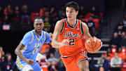 Nov 22, 2025; Champaign, Illinois, USA;  Illinois Fighting Illini guard Andrej Stojakovic (2) drives the ball past Long Island University Sharks guard Greg Gordon (2) during the first half at State Farm Center. Mandatory Credit: Ron Johnson-Imagn Images