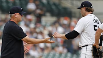 Jul 12, 2025; Detroit, Michigan, USA; Detroit Tigers manager A.J. Hinch (14) takes the ball to relieve pitcher Dietrich Enns (51) in the eighth inning against the Seattle Mariners at Comerica Park. Mandatory Credit: Rick Osentoski-Imagn Images