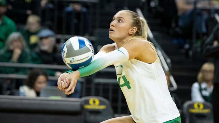 Oregon outside hitter Daley McClellan passes the ball as the No. 2 Oregon Ducks open NCAA Tournament play against Southeastern Louisiana Thursday, Nov. 30, 2023, at Matthew Knight Arena in Eugene, Ore.