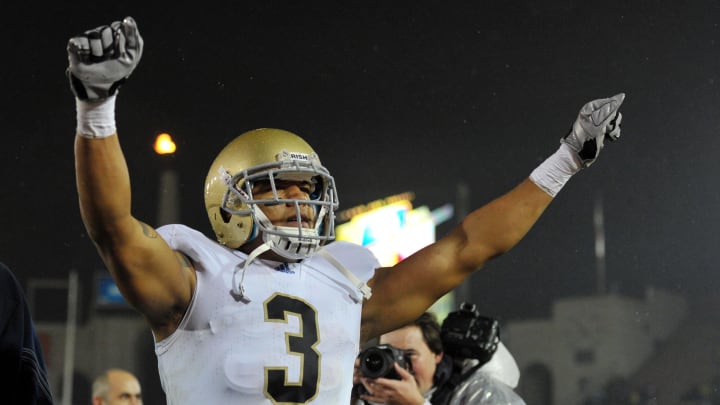 Nov. 27, 2010; Los Angeles, CA, USA; Notre Dame Fighting Irish wide receiver Michael Floyd (3) celebrates after Notre Dame defeated the USC Trojans 20-16 at the Los Angeles Memorial Coliseum. 