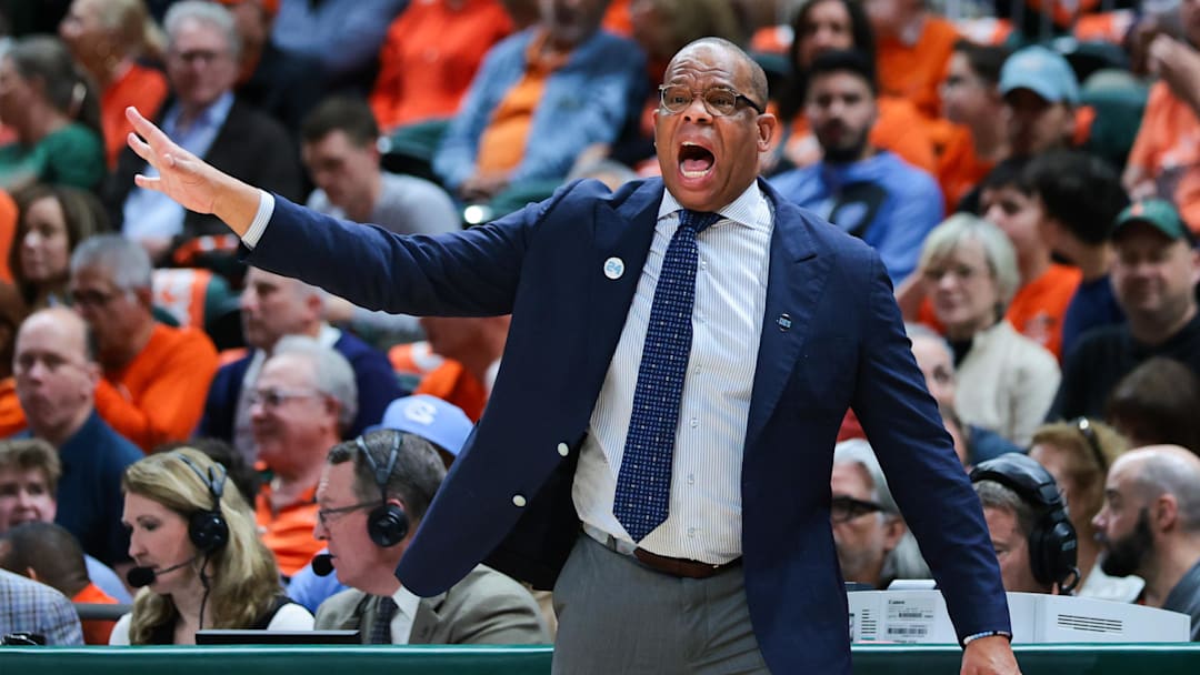 Feb 10, 2026; Coral Gables, Florida, USA; North Carolina Tar Heels head coach Hubert Davis reacts from the sideline against the Miami Hurricanes during the first half at Watsco Center. Mandatory Credit: Sam Navarro-Imagn Images