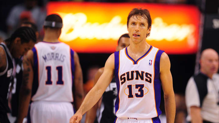 Apr. 25, 2012; Phoenix, AZ, USA; Phoenix Suns guard Steve Nash in the first half against the San Antonio Spurs at the US Airways Center. Mandatory Credit: Mark J. Rebilas-USA TODAY Sports