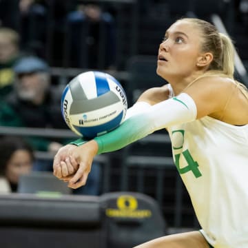 Oregon outside hitter Daley McClellan passes the ball as the No. 2 Oregon Ducks open NCAA Tournament play against Southeastern Louisiana Thursday, Nov. 30, 2023, at Matthew Knight Arena in Eugene, Ore.