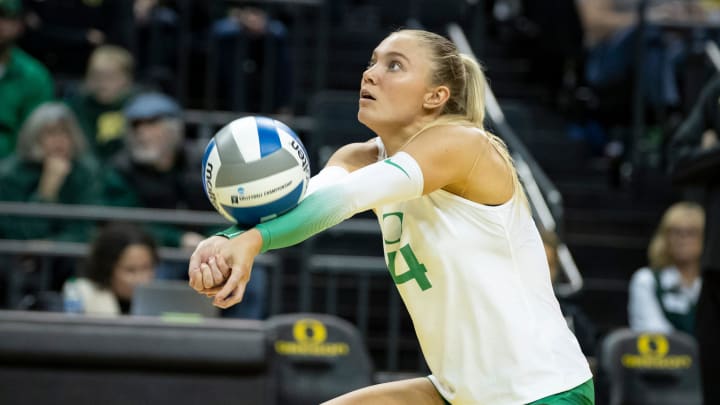 Oregon outside hitter Daley McClellan passes the ball as the No. 2 Oregon Ducks open NCAA Tournament play against Southeastern Louisiana Thursday, Nov. 30, 2023, at Matthew Knight Arena in Eugene, Ore.