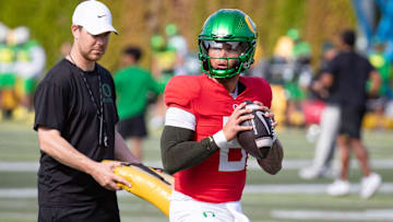 Oregon quarterback Dillon Gabriel throws out a pass during practice with the Oregon Ducks Wednesday Aug. 21, 2024 at the Hatfield-Dowlin Complex in Eugene, Ore.