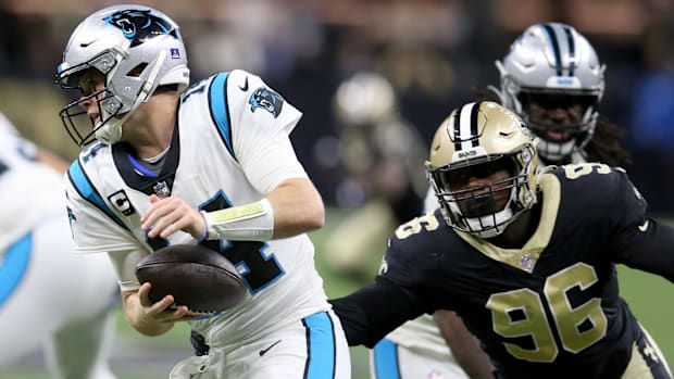 New Orleans Saints defensive end Carl Granderson (96) pressures the pocket against the Carolina Panthers 