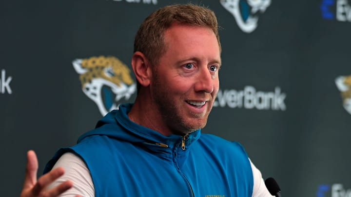 Jacksonville Jaguars head coach Liam Coen speaks during a press conference at the Miller Electric Center, Monday, April 20, 2026 in Jacksonville, Fla.