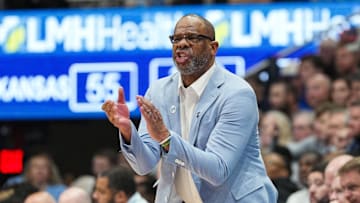 Nov 8, 2024; Lawrence, Kansas, USA; North Carolina Tar Heels head coach Hubert Davis reacts during the second half against the Kansas Jayhawks at Allen Fieldhouse. Mandatory Credit: Jay Biggerstaff-Imagn Images