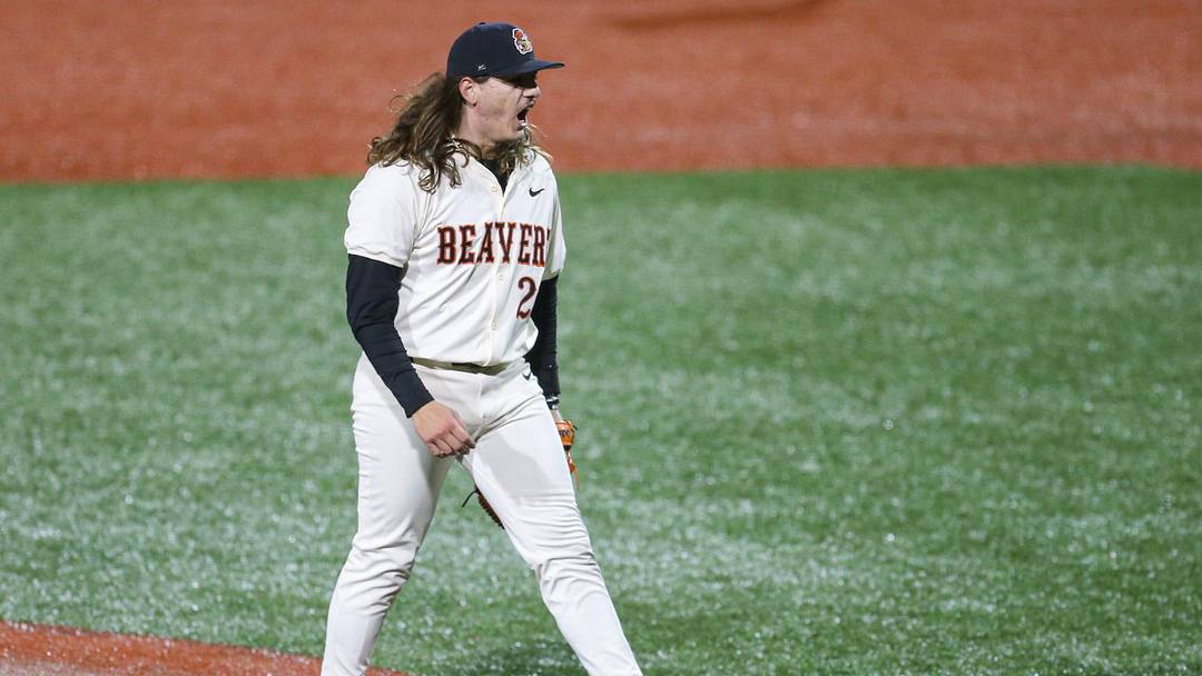 Oregon State's Albert Roblez celebrates his strikeout to end the game during an NCAA college baseball game at Goss Stadium on Friday, March 6, 2026, in Corvallis, Ore. Oregon State's Albert Roblez celebrates his strikeout to end the game during an NCAA college baseball game at Goss Stadium on Friday, March 6, 2026, in Corvallis, Ore.