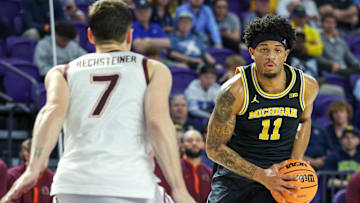 Nov 25, 2024; Fort Myers, Florida, USA; Michigan Wolverines guard Roddy Gayle Jr. (11) drives to the hoop against the Virginia Tech Hokies in the first half at Suncoast Credit Union Arena. Mandatory Credit: Nathan Ray Seebeck-Imagn Images