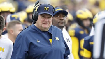 Sep 13, 2025; Ann Arbor, Michigan, USA;  Michigan Wolverines assistant head coach Biff Poggi on the sideline in the first half against the Central Michigan Chippewas at Michigan Stadium. Mandatory Credit: Rick Osentoski-Imagn Images