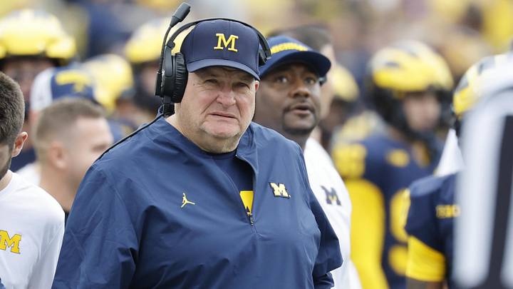 Sep 13, 2025; Ann Arbor, Michigan, USA;  Michigan Wolverines assistant head coach Biff Poggi on the sideline in the first half against the Central Michigan Chippewas at Michigan Stadium. Mandatory Credit: Rick Osentoski-Imagn Images