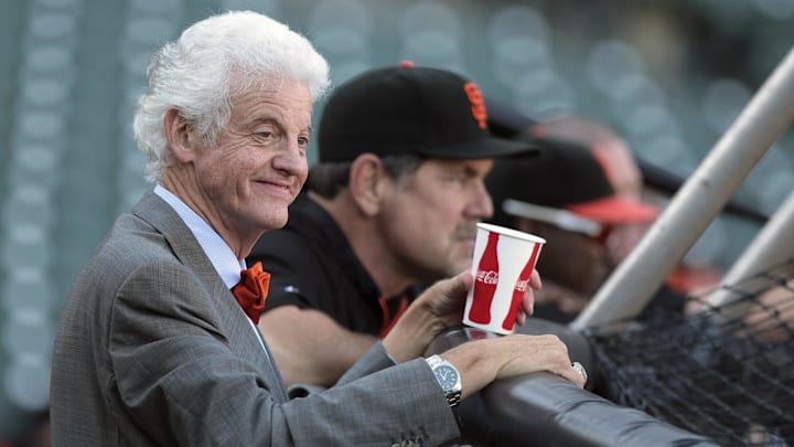 Aug 26, 2011; San Francisco CA, USA; San Francisco Giants owner Bill Neukom smiles next to manager Bruce Bochy (16) during batting practice before the game against the Houston Astros at AT&T Park. Aug 26, 2011; San Francisco CA, USA; San Francisco Giants owner Bill Neukom smiles next to manager Bruce Bochy (16) during batting practice before the game against the Houston Astros at AT&T Park.