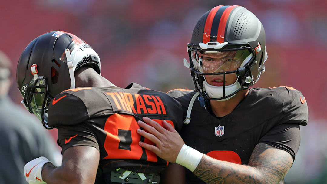 Cleveland Browns quarterback Dillon Gabriel (8) shares a moment with wide receiver Jamari Thrash (80) before an NFL football game at Huntington Bank Field, Sept. 21, 2025, in Cleveland, Ohio.