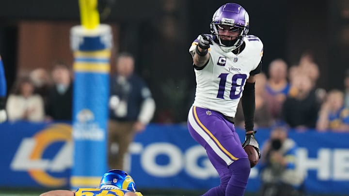 Minnesota Vikings receiver Justin Jefferson signals a first down after a catch against the Los Angeles Rams during their playoff game at State Farm Stadium on Jan. 13, 2025, in Glendale, Ariz. Minnesota Vikings receiver Justin Jefferson signals a first down after a catch against the Los Angeles Rams during their playoff game at State Farm Stadium on Jan. 13, 2025, in Glendale, Ariz.
