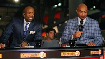May 20, 2015; Atlanta, GA, USA; Former NBA player and current TNT television personality Charles Barkley (right) and TNT television personality Kenny Smith (left) prior to game one of the Eastern Conference Finals of the NBA Playoffs between the Atlanta Hawks and the Cleveland Cavaliers at Philips Arena. Mandatory Credit: Brett Davis-Imagn Images