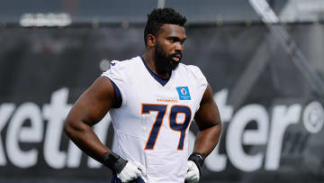 Jul 26, 2024; Englewood, CO, USA; Denver Broncos offensive tackle Matt Peart (79) during training camp at Broncos Park Powered by CommonSpirit. Mandatory Credit: Isaiah J. Downing-USA TODAY Sports