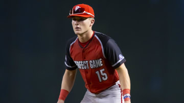 Aug 28, 2022; Phoenix, Arizona, US; West infielder Kevin McGonigle (15) during the Perfect Game