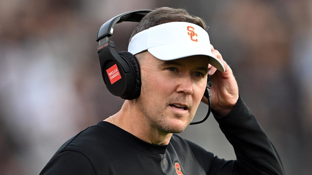Sep 13, 2025; West Lafayette, Indiana, USA; Southern California Trojans head coach Lincoln Riley stands on the sidelines during the first quarter against the Purdue Boilermakers at Ross-Ade Stadium. Mandatory Credit: Marc Lebryk-Imagn Images