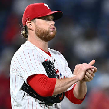 Sep 26, 2023; Philadelphia, Pennsylvania, USA; Philadelphia Phillies relief pitcher Craig Kimbrel (31) reacts after allowing a home run against the Pittsburgh Pirates in the eighth inning at Citizens Bank Park