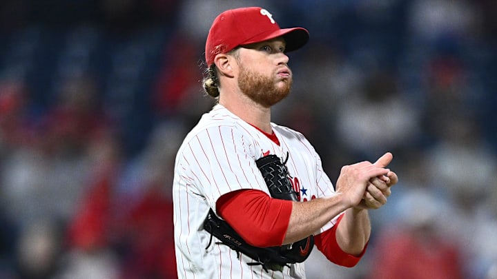 Sep 26, 2023; Philadelphia, Pennsylvania, USA; Philadelphia Phillies relief pitcher Craig Kimbrel (31) reacts after allowing a home run against the Pittsburgh Pirates in the eighth inning at Citizens Bank Park