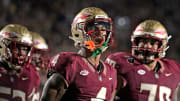 Nov 11, 2023; Tallahassee, Florida, USA; Florida State Seminoles wide receiver Keon Coleman (4) celebrates a touchdown score against the Miami Hurricanes during the second half at Doak S. Campbell Stadium. Mandatory Credit: Melina Myers-USA TODAY Sports