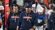Nov 15, 2025; Durham, North Carolina, USA;  Virginia Cavaliers head coach Tony Elliott during the fourth quarter against the Duke Blue Devils at Wallace Wade Stadium. Mandatory Credit: Zachary Taft-Imagn Images