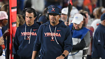 Nov 15, 2025; Durham, North Carolina, USA;  Virginia Cavaliers head coach Tony Elliott during the fourth quarter against the Duke Blue Devils at Wallace Wade Stadium. Mandatory Credit: Zachary Taft-Imagn Images