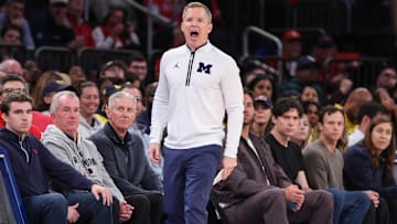 Oct 25, 2025; New York, NY, USA;  Michigan Wolverines head coach Dusty May yells out instructions in the second half against the St. John's Red Storm at Madison Square Garden. Mandatory Credit: Wendell Cruz-Imagn Images