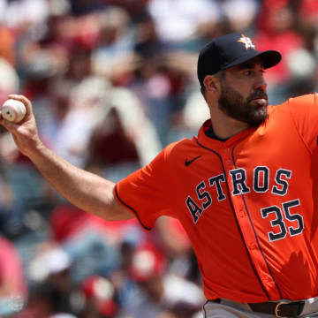 Jun 9, 2024; Anaheim, California, USA;  Houston Astros starting pitcher Justin Verlander (35) pitches during the third inning against the Los Angeles Angels at Angel Stadium.