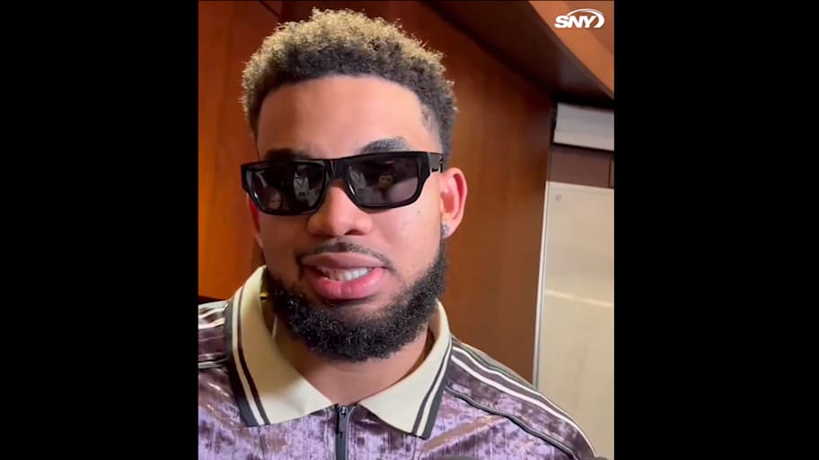 Karl-Anthony Towns talks to reporters after the Knicks' Game 3 loss to the Celtics | Screengrab via SNY TV / @sny_knicks on X/Twitter