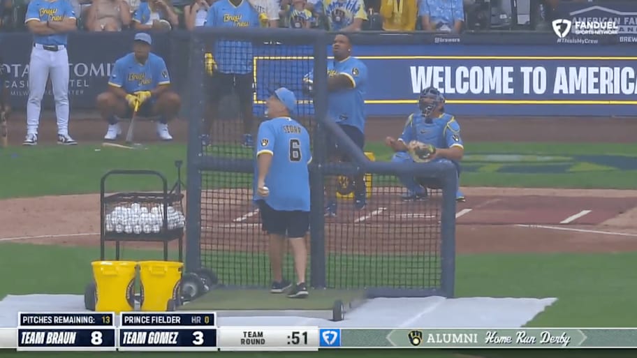 Prince Fielder competed in the Brewers' alumni home run derby Friday. | Screengrab via FanDuel Sports Network Wisconsin